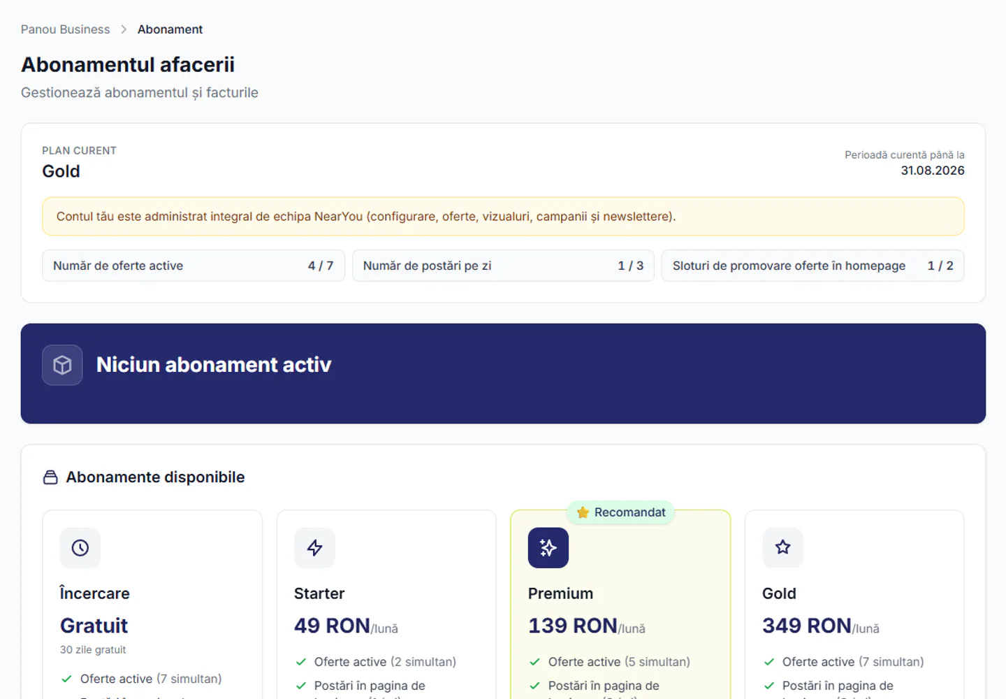Abonament și facturare în NearYou, vedere desktop